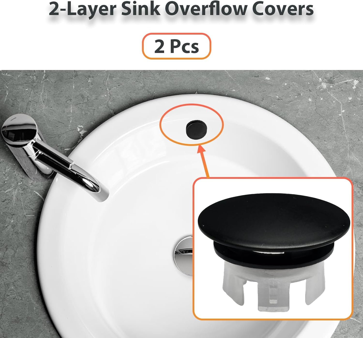 Anelli di Troppo Pieno, 2 Pezzi Anelli per Lavello, Copertura Rotonda Decorativa per Straripamento, Tappo per Lavabo, Bagno e Cucina (Nero)