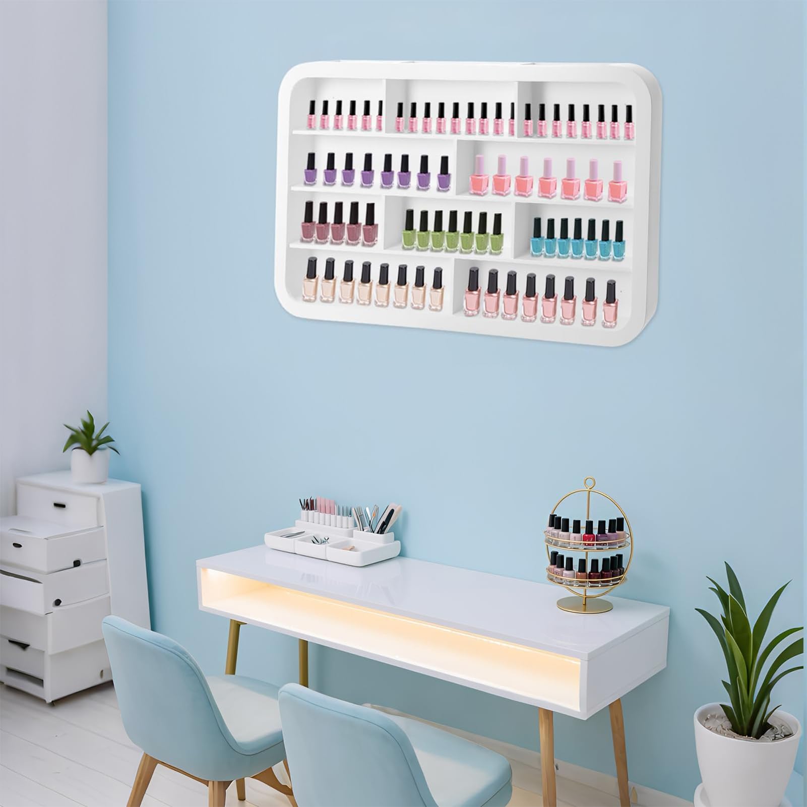 Estante Colgante para esmaltes de uñas, Estante de Almacenamiento de esmaltes de uñas de Cuatro Niveles, Mueble Blanco para perfumes, Estante de Madera para Productos de Belleza montado en l