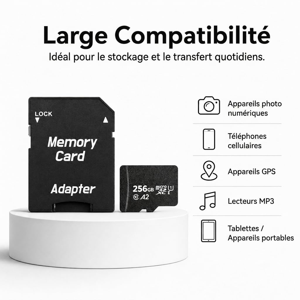 Memory Card Carte Micro SDXC 256 Go Haute Vitesse (A2, U1, V30, Classe 10) avec Adaptateur SD – Carte mémoire pour Appareil Photo, téléphone, Tablette, Switch, vidéo