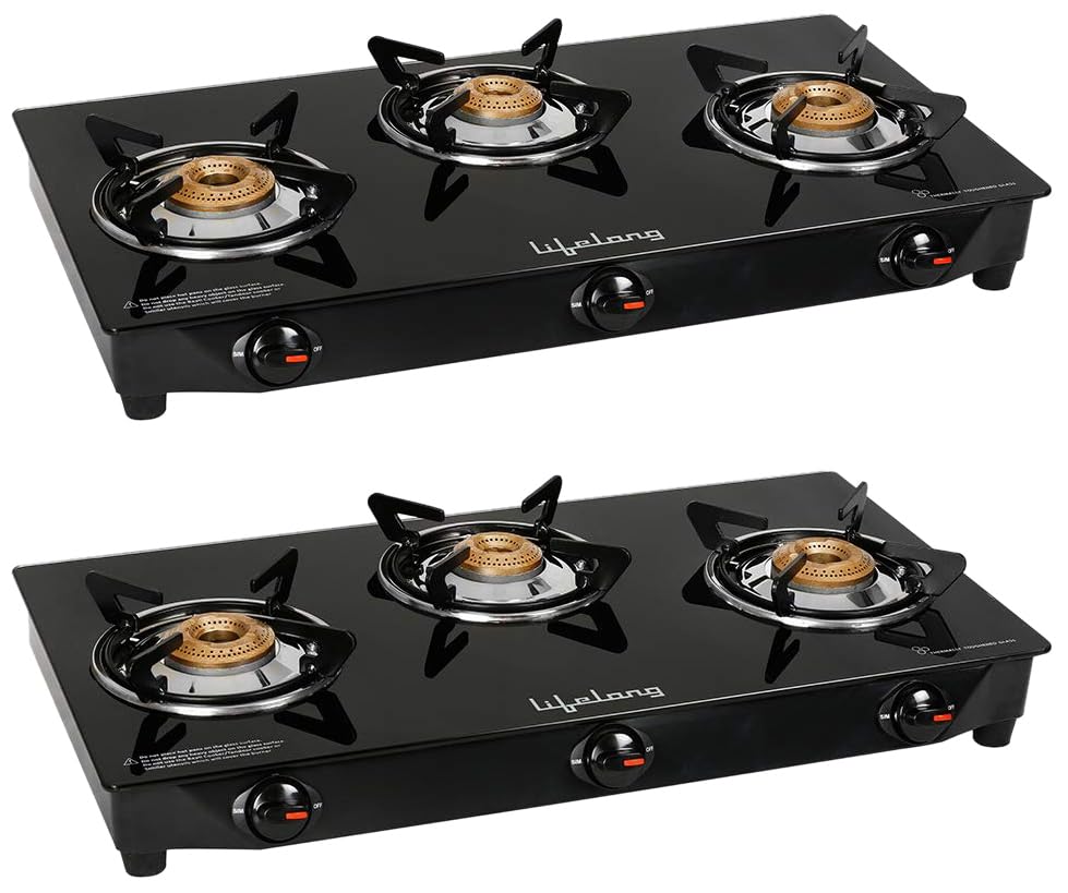 Image of Lifelong LLGS18 Glass Top 3 Burner Gas Stove, Manual Ignition, LPG Compatible, Black (ISI Certified, Door Step Service, 1 Year Warranty) (Pack of 2)