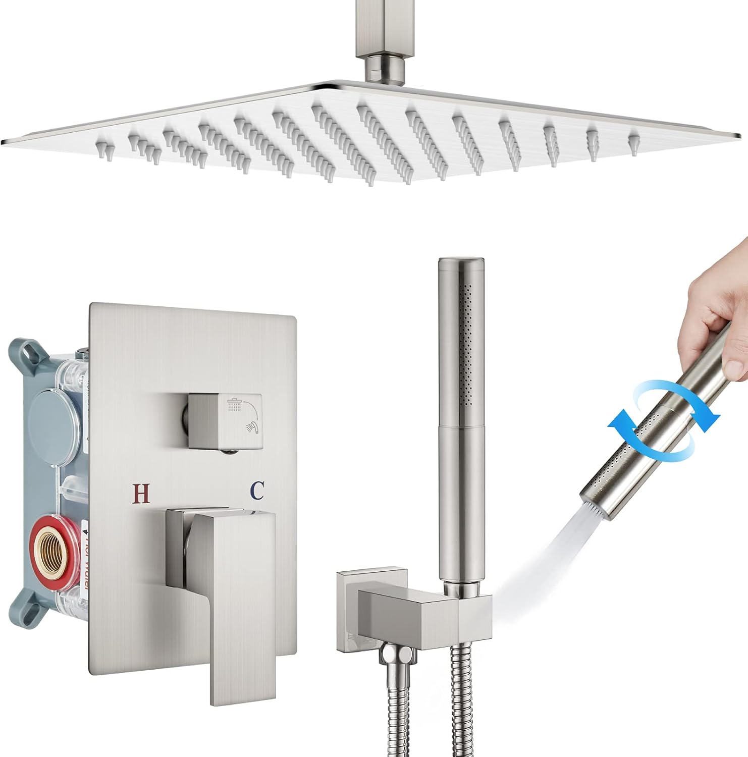 Ceiling Mount Shower Faucet Set 12 Inch Square Showerhead Bathroom Rainfall Shower System Brushed Nickel SUS304 Stainless Steel Shower Trim Kit 2 in 1 Cylindrical Handheld shower with Rough-in Valve