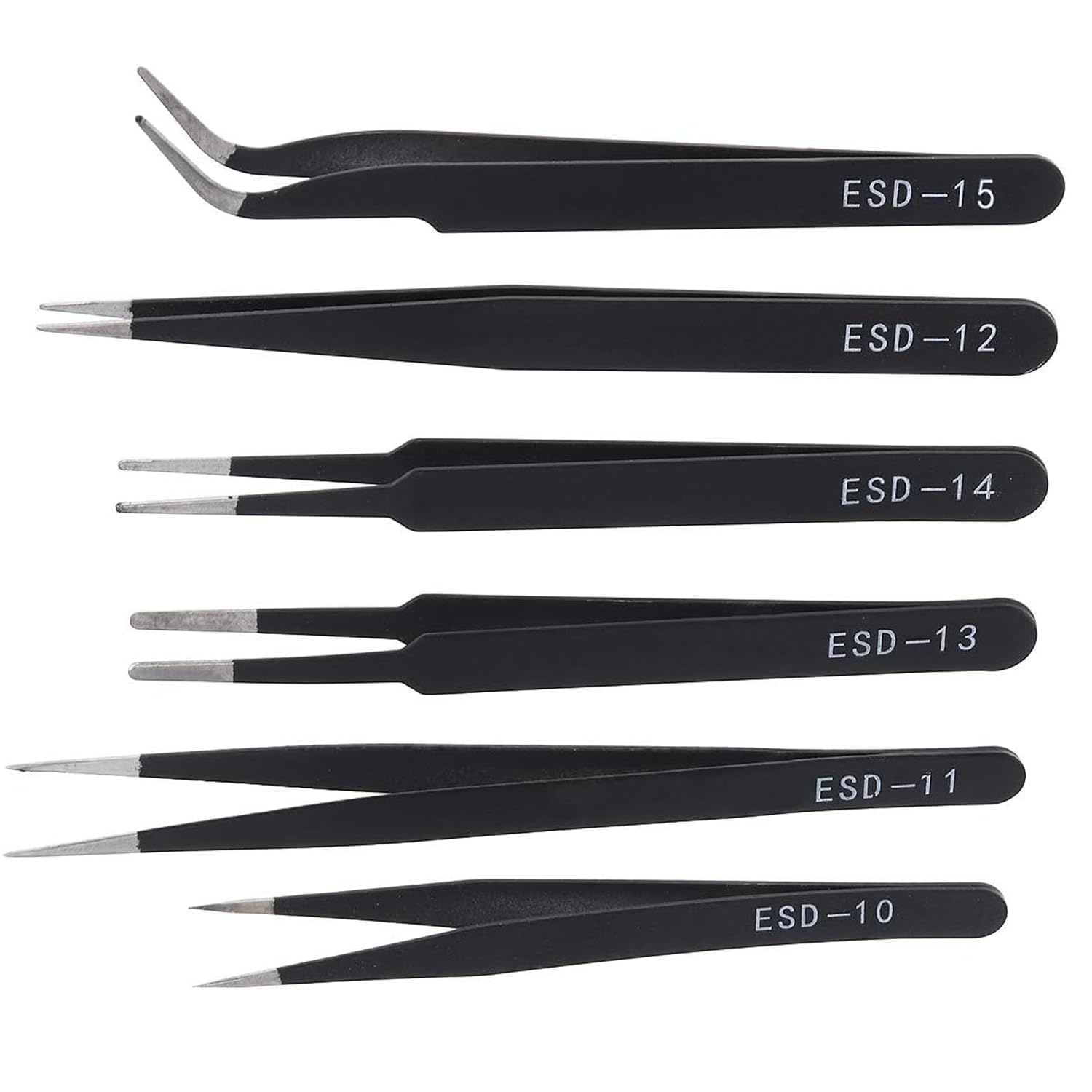 Doetyd Black 6 Pcs Precision Tweezers Set Anti-Static Esd Tweezers Kit Stainless Steel For Jewelry, Electronics, Laboratory, Craft, Soldering