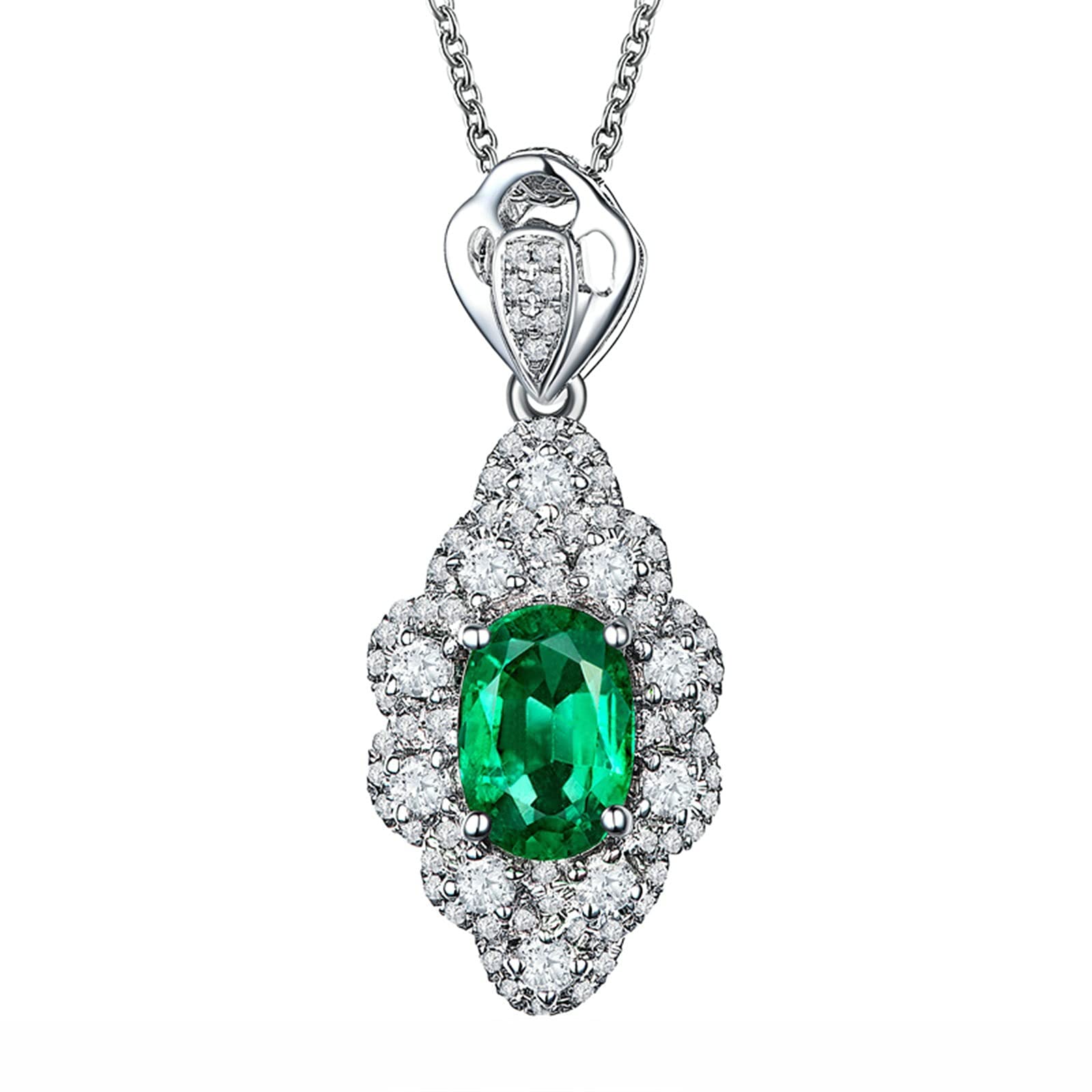 Collar de plata, flor ovalada creada en laboratorio, esmeralda de 1,2 quilates de oro de 18 quilates/plata de ley 925, collares con colgante para mujeres y niñas, regalo para el día de la madre/día de
