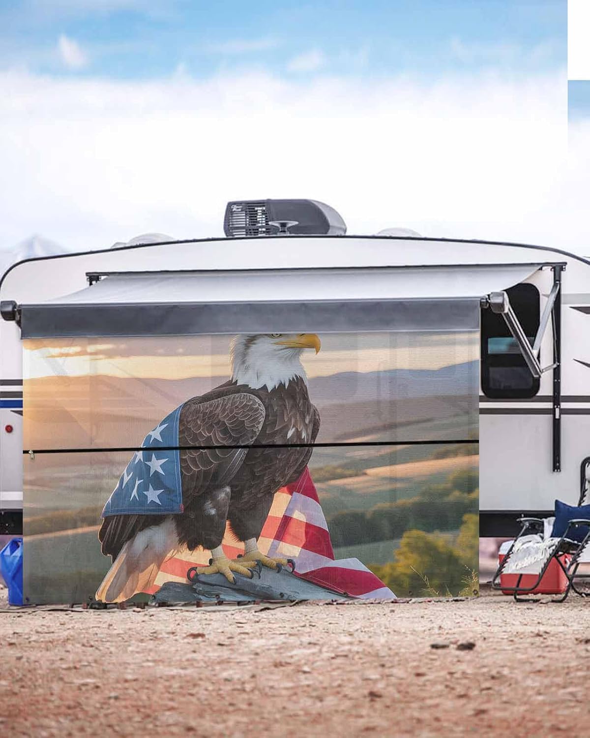 4th of July RV Awning Sun Shade Screen 9'X13.3' American Flag Eagle Mesh Sunscreen Patriotic July 4th Scenery Awning Shade Screen with Zipper UV Blocker Completed Kits Canopy for RV Motorhome Camper