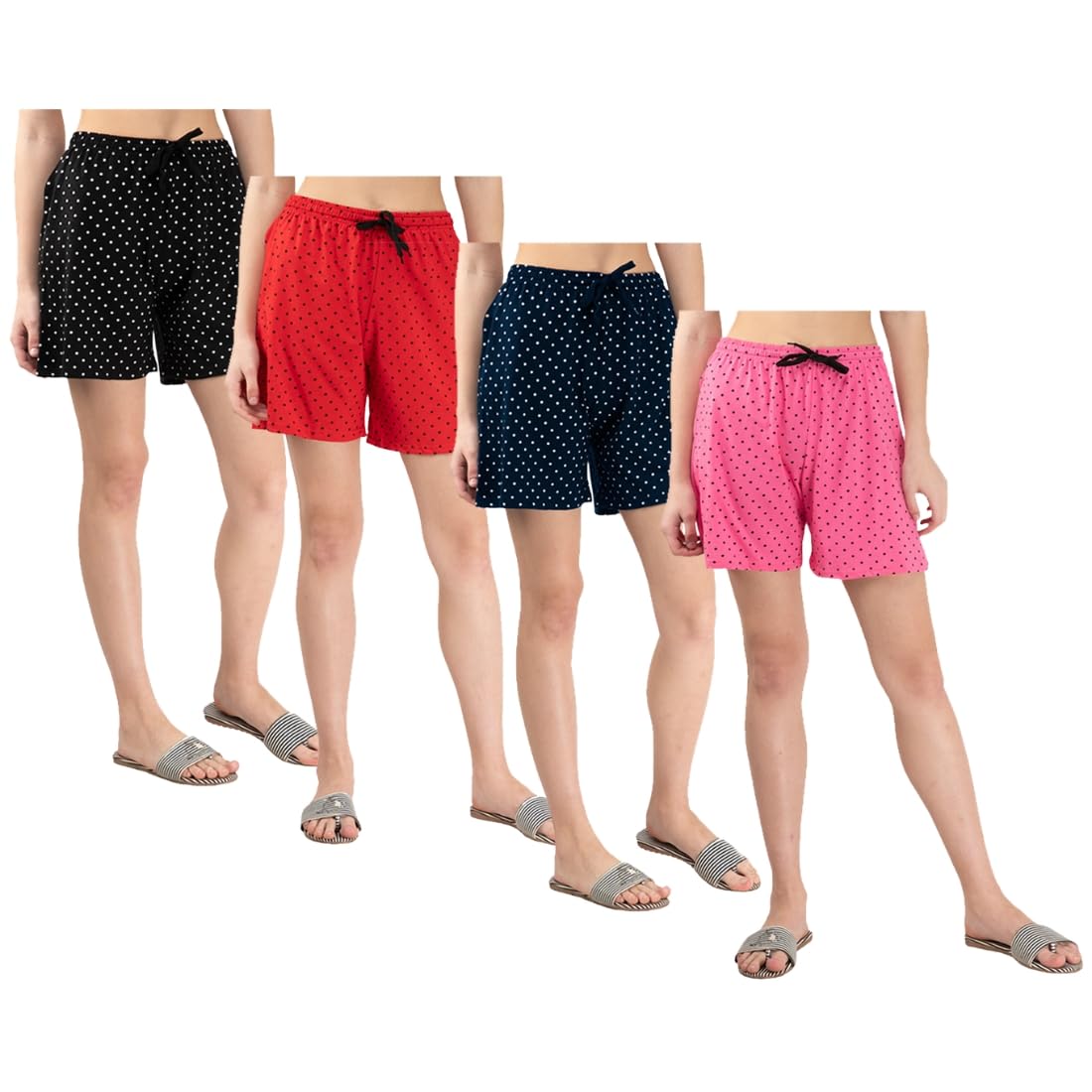 Pack of 4 Women’s Polka Dot Printed Shorts with Drawstring Waist – Comfortable Casual Lounge Wear, Breathable Fabric, Stylish Summer Sleepwear Shorts for Women Pink, Navy Blue, Red, Black-image-18