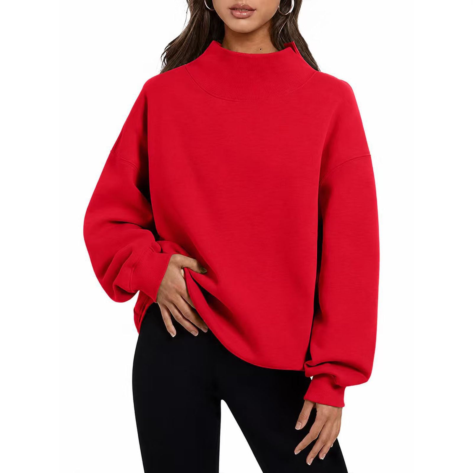 Damska jesienna, ponadgabarytowa lekka bluza z golfem (czerwona, XL)
