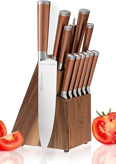 Copper Knife Set with Walnut Block – 13-Piece Premium Stainless Steel Knives for Kitchen with Rose Gold Handle – Stylish Copper and Rose Gold Kitchen Accessories