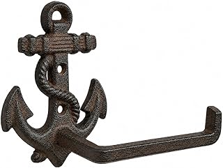 9" Cast Iron Anchor Toilet Paper Holder, Decorative Nautical Bathroom Decor, Vintage Coastal Wall Mount Paper Roll Hanger, Heavy Duty Maritime Decor for Beach House, Brown, 1 Pack