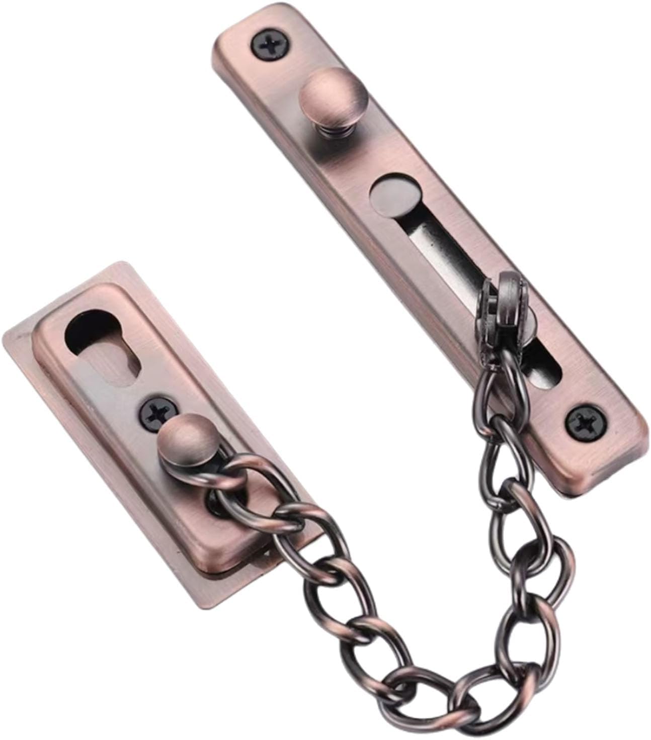 Coehaopike ドアチェーン 補助錠 玄関 防犯 ロック ステンレス 押しボタン式ドアガード 室内 部屋 扉 後付け セキュリティロック ガード 防犯グッズ 左右縦横使用可 ネジ付き 盗難防止 取り付け簡単 (赤銅色)