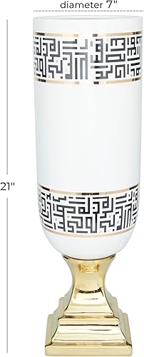 Miniatura 6 de Deco 79 Jarrón decorativo de cerámica con patrón de nudo griego y base dorada, jarrón de flores para decoración del hogar, 7 x 7 x 21 pulgadas,