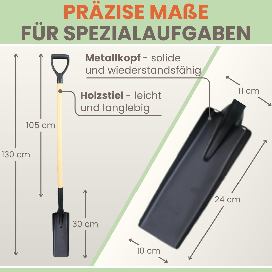 Grabenschaufel Schmal | Mit Holzstiel & D-Griff | Komfortable Gesamtlänge 130 cm | Drainagespaten Kabelspaten für präzise Gräben