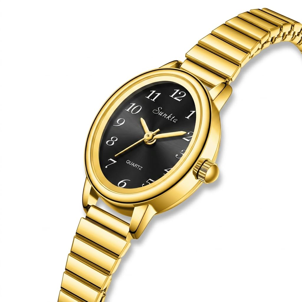 FANMIS Piccolo orologio da donna in oro facile da leggere, quadrante ovale analogico con cinturino di espansione in acciaio inossidabile, orologio da polso al quarzo da donna resistente all'acqua
