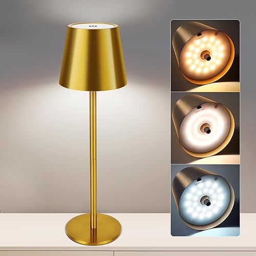 Lámpara de mesa inalámbrica dorada, altura ajustable de 8 a 20 pulgadas, lámpara de escritorio LED recargable de 5000 mAh, 3 colores regulables, luz