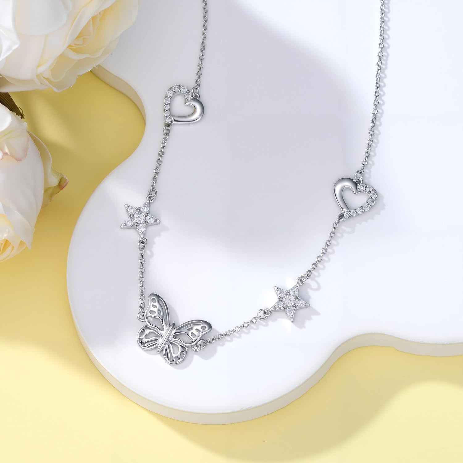 925 Sterling Silver Dainty Butterfly Pendant Necklace,Cubic Zirconia Butterfly Necklace 18''+2'' Adjustable Chain Trendy Jewelry for Women