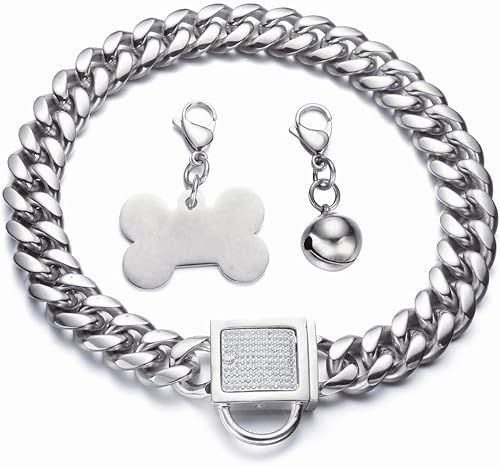 Miniatura 5 de Collar de plata para perro, collar de cadena de eslabones cubanos con hebilla de circonita, etiqueta de identificación y campana, a prueba de