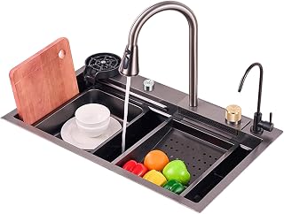 Ribanedy Black-Grey Waterfall Kitchen Sink 304 Stainless Steel Single Bowl Workstation Kitchen Sink with Waterfall Pull-Out Faucet and Sink Accessories Set (80 x 45 cm)