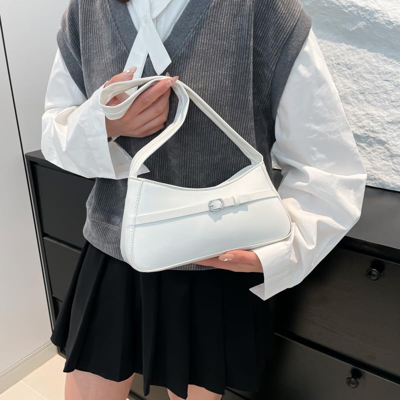 Women Vintage Shoulder Bag PU Leather Solid Color Female Commute Bag (White)3