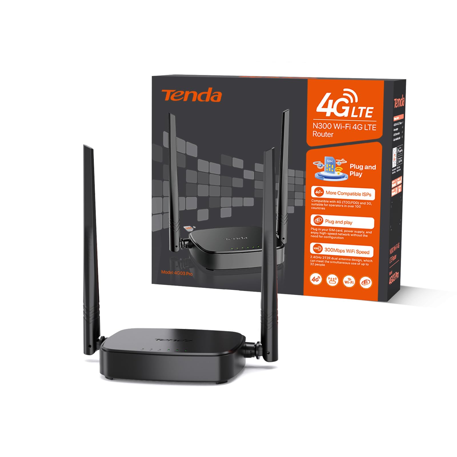 Tenda 4G03 Pro Router 4G LTE Cat4, Router Bezprzewodowy N300Mbps, Dwie wymienne anteny LTE, Router 4g na Kartę SIM, Port LAN/WAN, Modem 4G SIM, Nie Wymagana Konfiguracja, Plug&Play