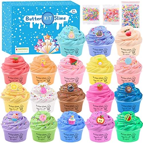 18 Pack Super Soft Butter Slime Kit, with Candy, Ice Cream, Fruit, Cute Fun Charms, Scented Slime Party Favor Gifts for Girls and Boys, DIY Putty Toys for Kids