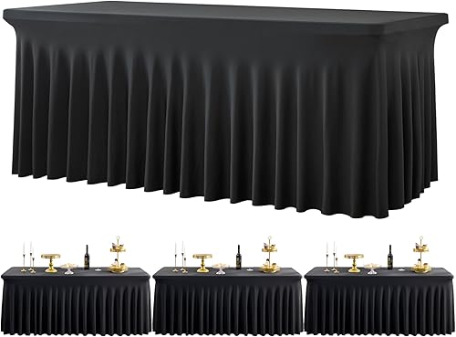 Htper Paquete de 3 manteles de elastano negro para mesas rectangulares de 6 pies, manteles ajustables sin arrugas, manteles elásticos de 6 pies para