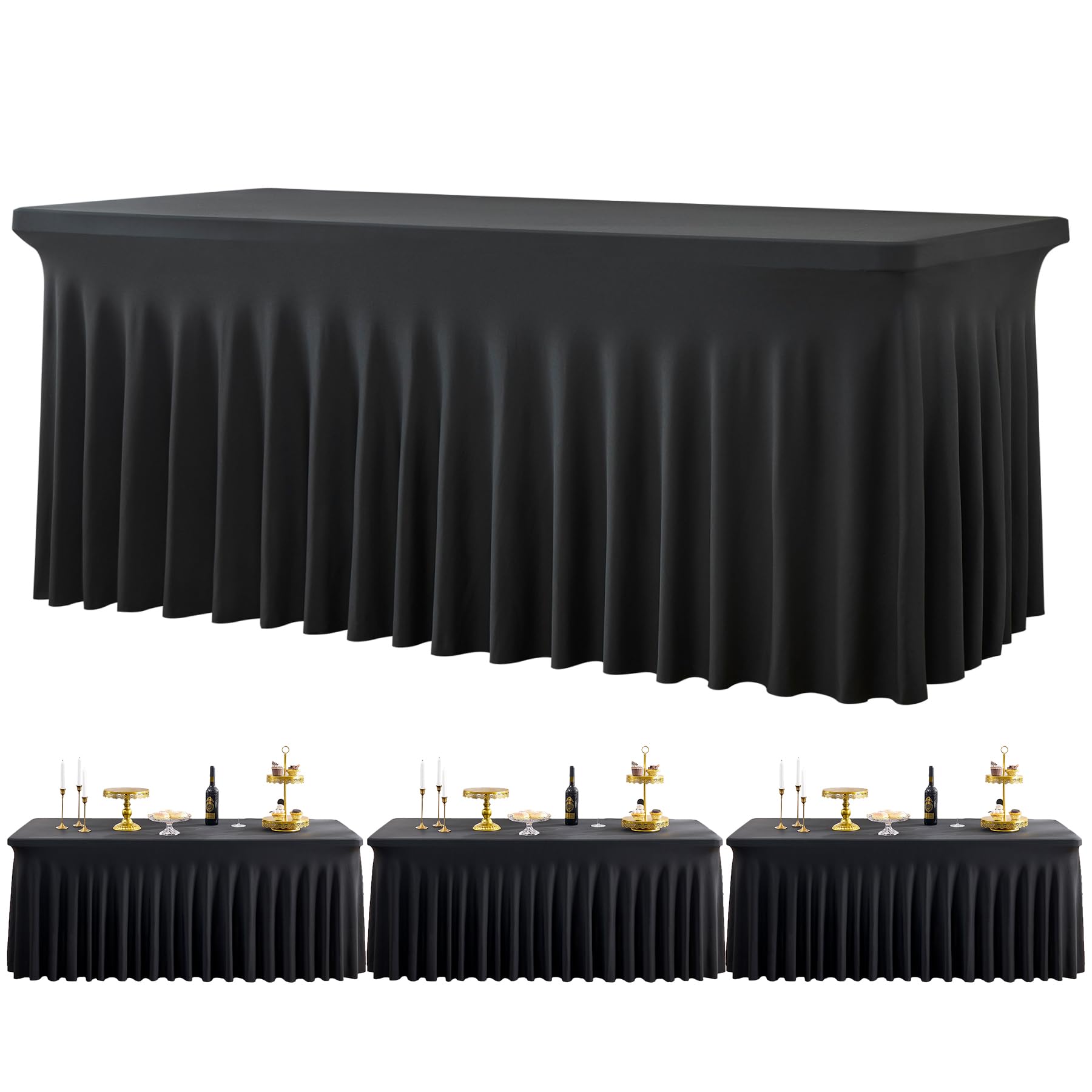 Black Spandex Tablecloth for 6 Foot Rectangle Tables, 3 Pack Fitted Table Cloths 6ft Stretchy Table Clothes Cover Desk Skirt for Parties Weddings Birthday Graduation Banquet