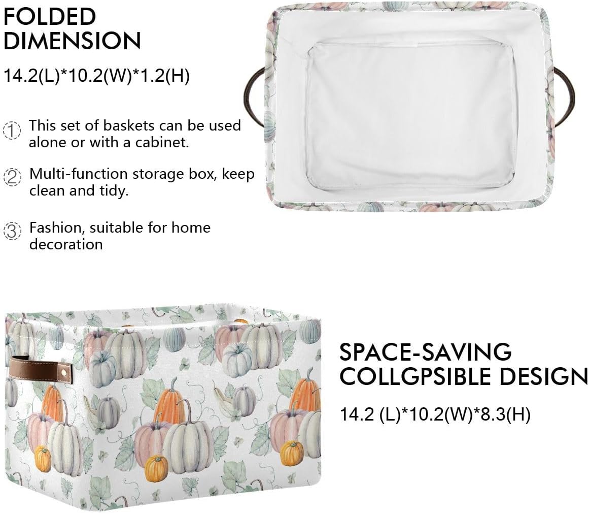 Fall Pumpkin Storage Basket Fabric Kitchen Baskets Autumn Maple Leaves Open Home Storage Bins Boxes Foldable Organizer Bag for Baby Cloth Pet Toy Book Shelf Closet Baskets 16×12×8 Inches