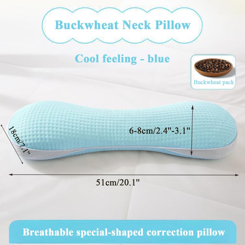 Poduszka szyjna, regulowana poduszka ergonomiczna, poduszka z łuski gryki do spania, łagodząca ból szyi i ramion,[b] light blue