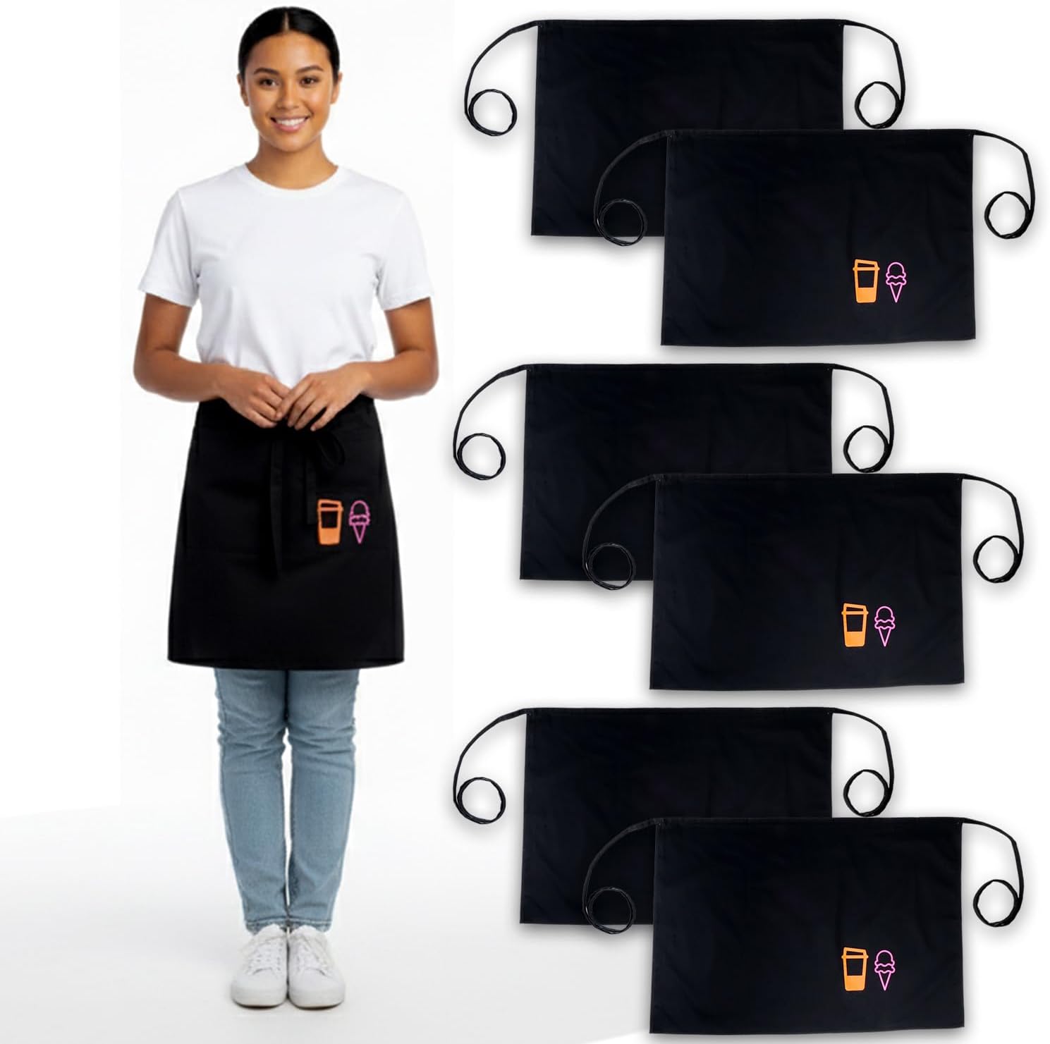 Dunkin' Donuts Apron 6 Pack Party Supplies - Kitchen Accessories Bundle with with 6 Logo Half Aprons for Kids, Boys, Girls, Men, Women | Dunkin' Donuts Theme Party Favors