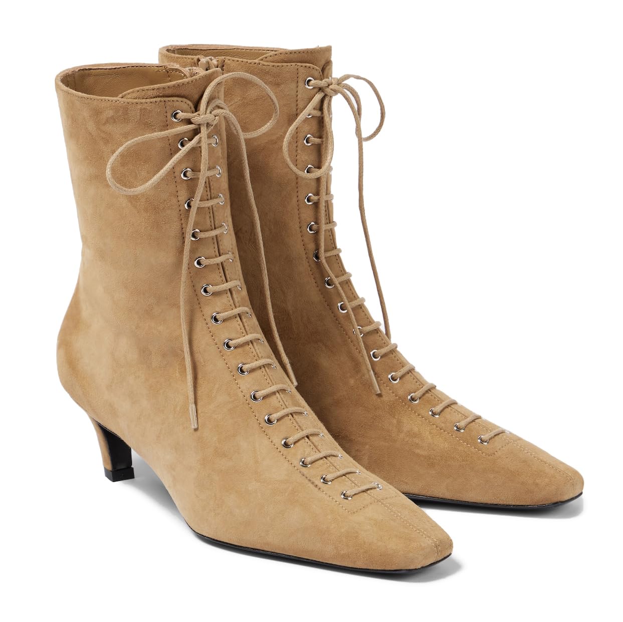 Suede Kitten Heel Ankle Boots For Women Square Toe Lace Up Short Boots with Side Zipper Casual Chic