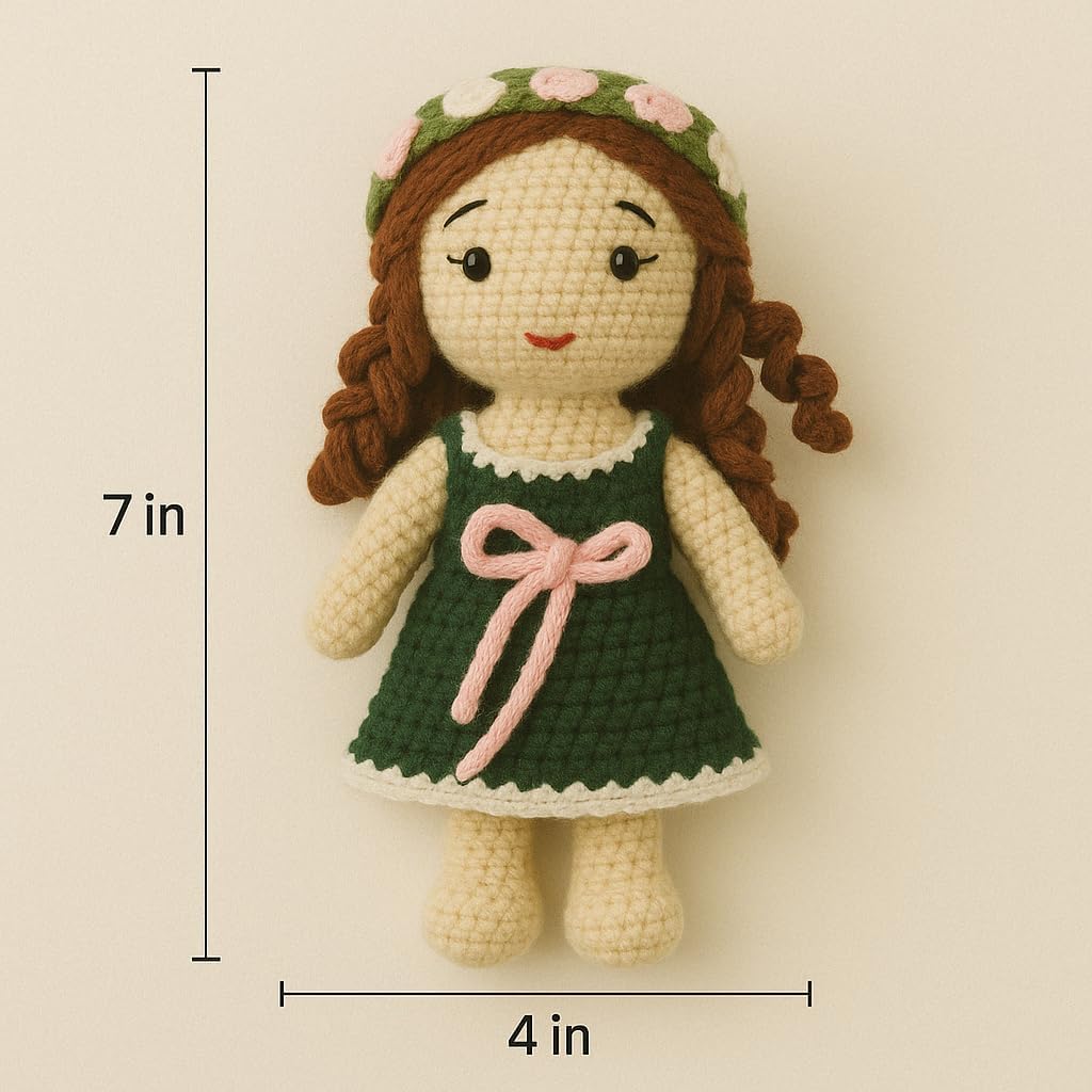 Sutra Handmade Crochet Doll in Green Dress with Pink Bow – Amigurumi Soft Toy with Floral Hat, Cute Collectible Gift for Girls & Home Decor