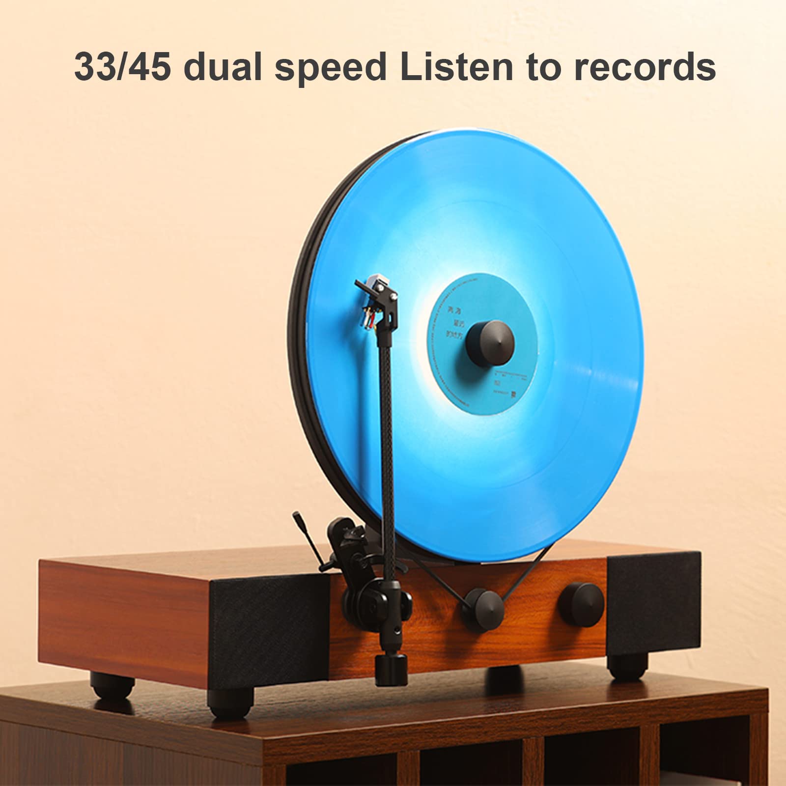 Pionowy zintegrowany odtwarzacz płyt winylowych, odtwarzacz audio 33/45 Bluetooth z podwójną prędkością, obsługa płyt 10" i 12", kolor brązowego drewna