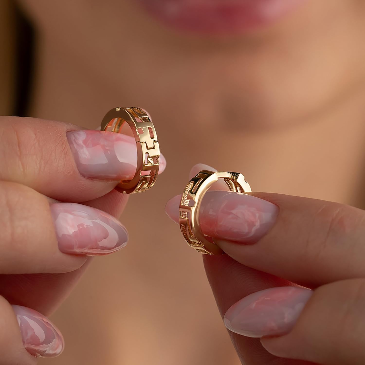 14K Solid Gold Earrings for Women, Real Gold Greek Key Meander Hoop Huggie Hypoallergenic Earrings