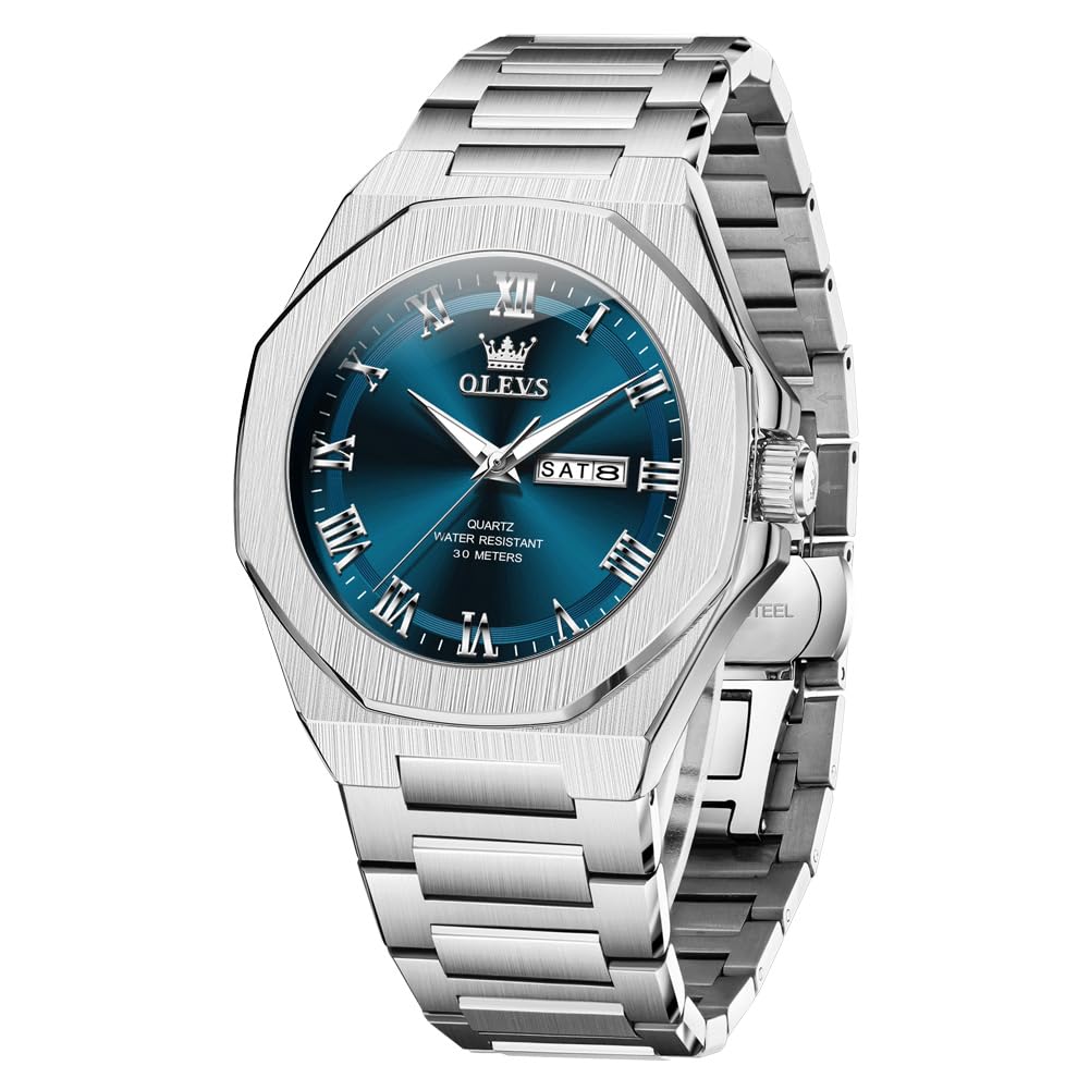 OLEVS Mens Watch Luxury Square Octagonal Stainless Steel Business Dress Wristwatch Roman Numeral Dial Luminous Waterproof
