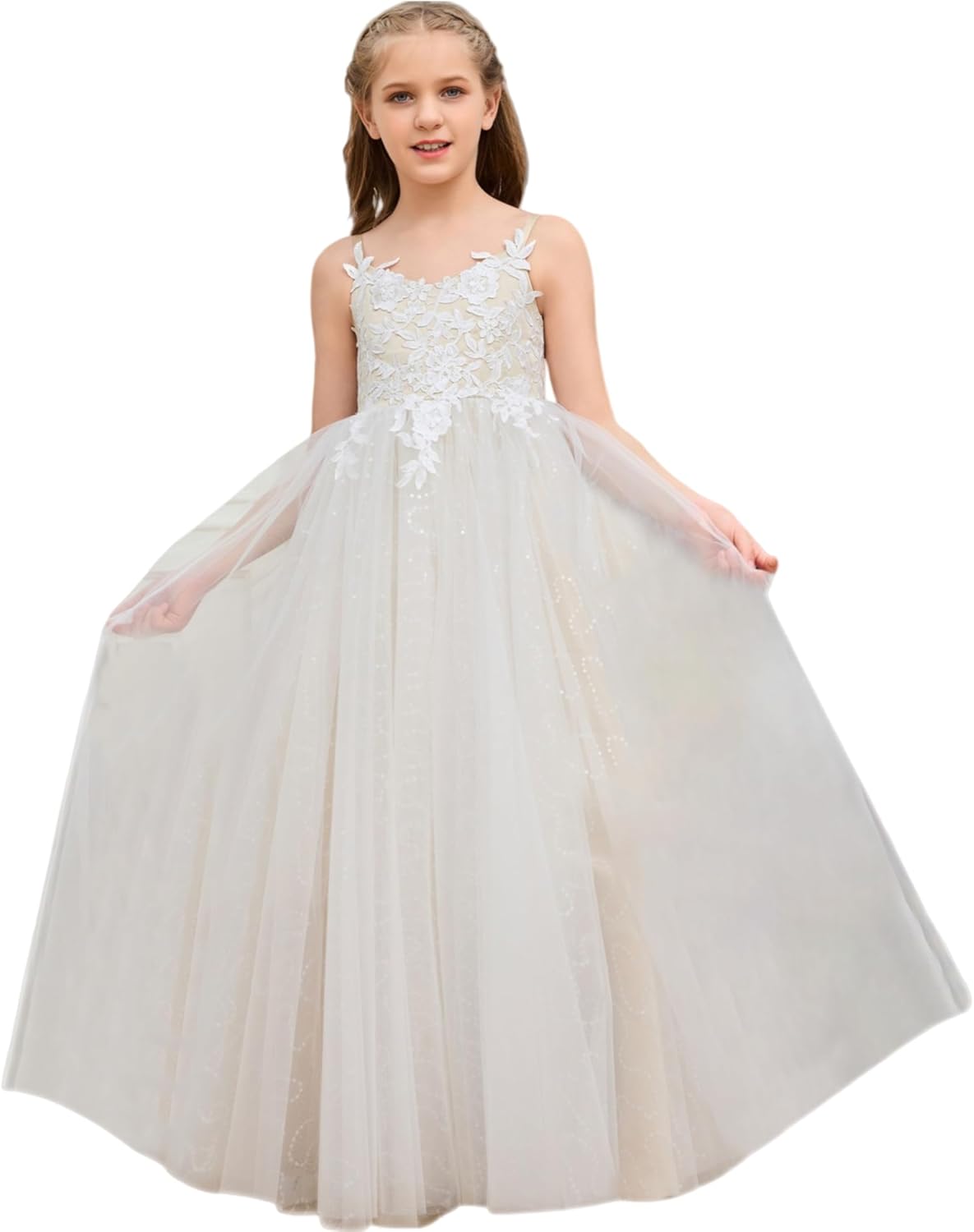 Lace Applique Girls Flower Girl Dress with Straps for Weddings Tulle Elegant Formal Party Dresses for Girl