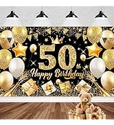 PatiCool 50th Birthday Backdrop Decorations,Black and Gold Happy 50th Birthday Banner Sign,50th B...