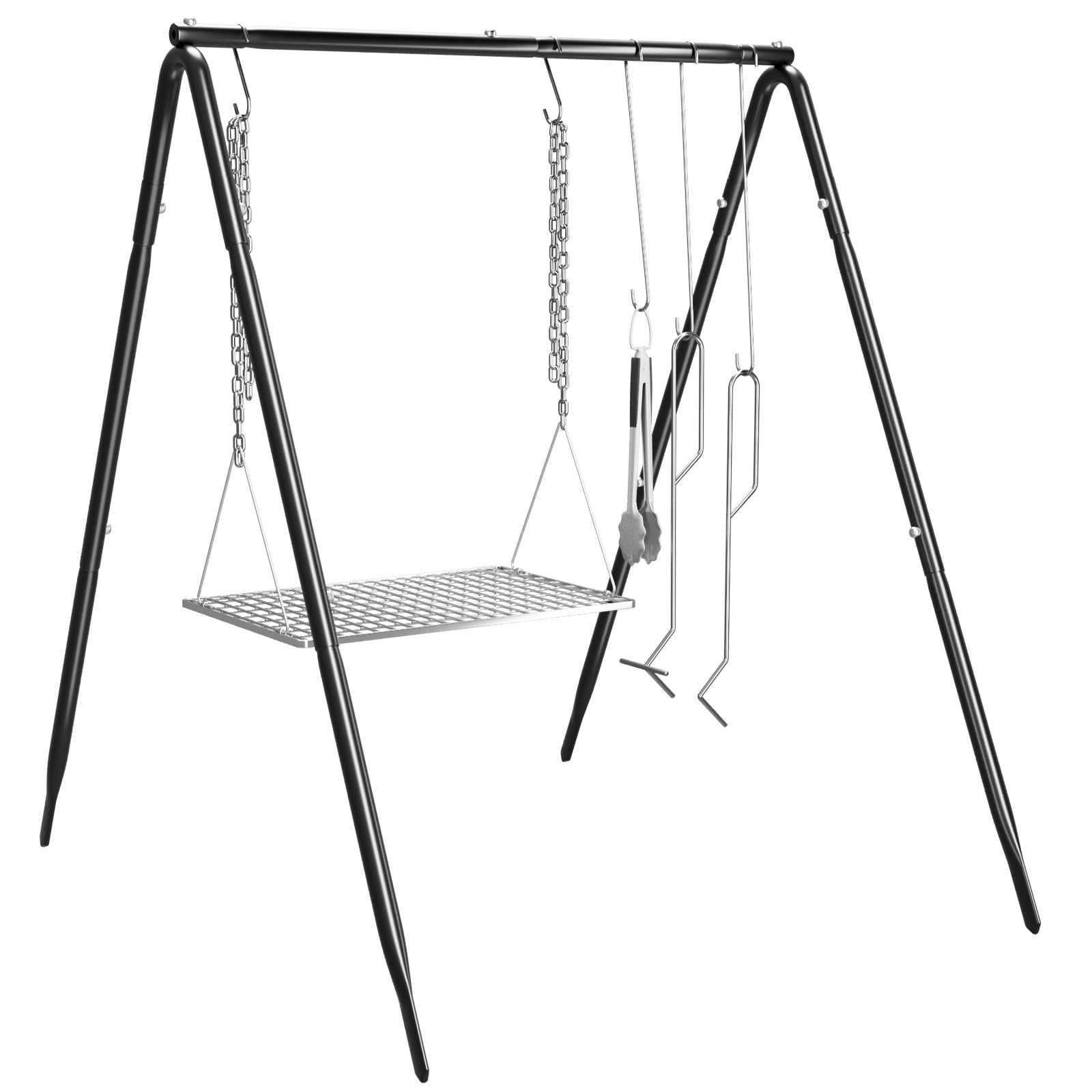 KIKIBRO Grill Swing Campfire Cooking Stand, BBQ Grill for Cookware, Bruntmor Dutch Oven Adjustable Collapsible Legs with Hooks and Accessories