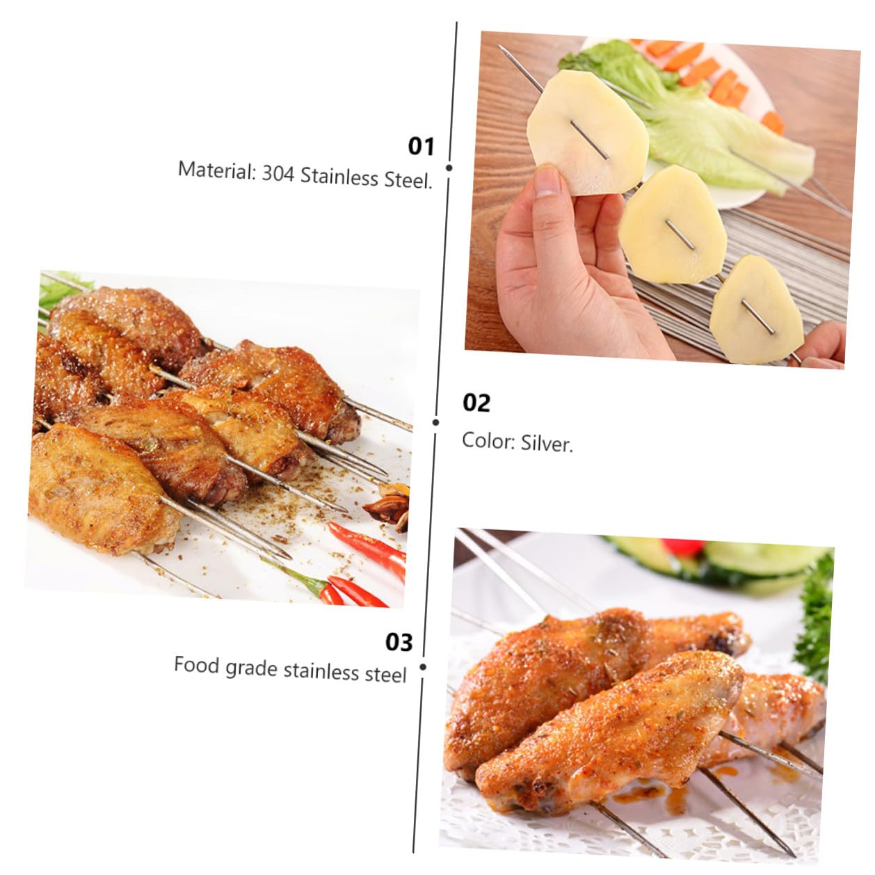 VILLCASE Spiedini in Acciaio Inossidabile 304 Rotondi Resistenti per Barbecue e Picnic, Bastoncini Riutilizzabili 2mm X 35cm, Confezione da 100 Pezzi, Utensili per Grigliate All'aperto e Cucina Estiva