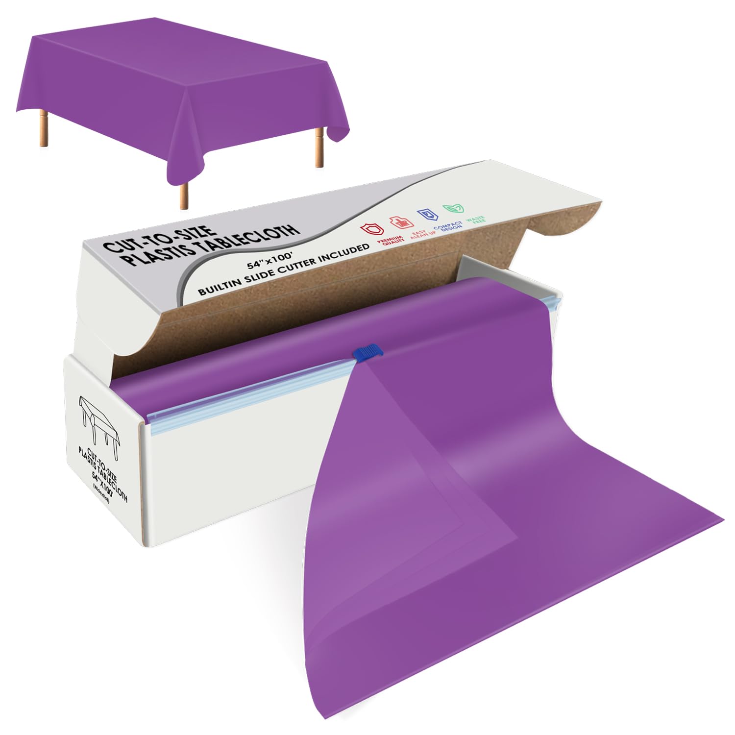 Purple Disposable Plastic Table Cloth Roll 54" X 100', Plastic Table Cover with Cutter Box, Cut to Size Disposable Tablecloth for Parties