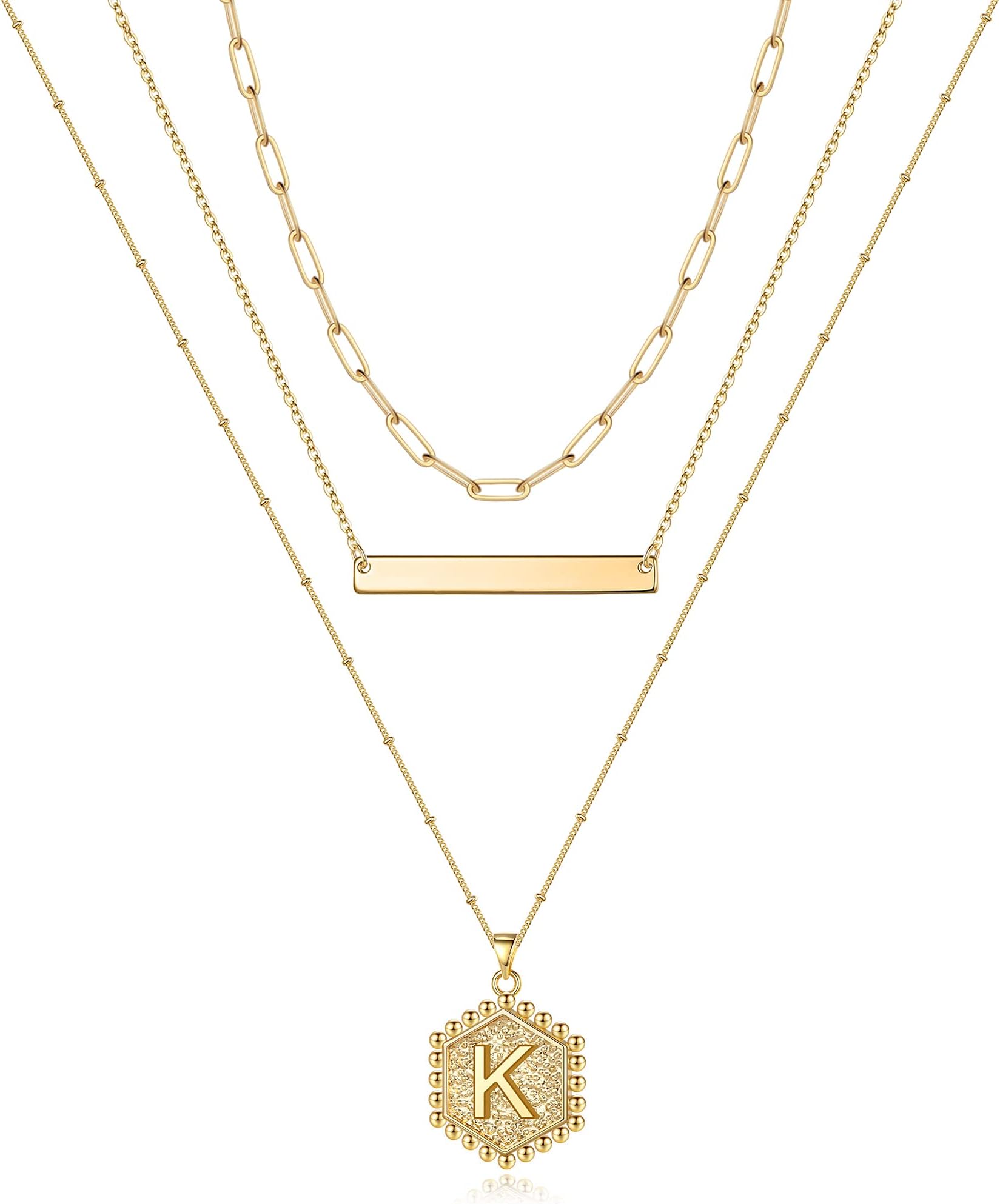 Turandoss Gold Layered Initial Necklaces for Women, 14K Gold Plated Bar Necklace Handmade Layering Hexagon Letter Pendant Beads Chain Necklace Layered Necklaces for Women Gold Jewelry Gifts