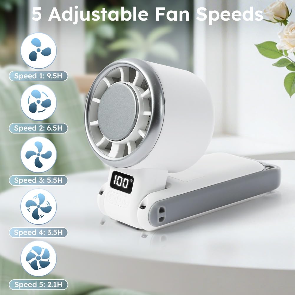 AUAUY Przenośny wentylator turbo, 5-biegowy, regulowany wentylator z wyświetlaczem LED, do użytku ręcznego, biurowego, na szyję lub składany, akumulator 3600 mAh, akumulator USB-C, do użytku na