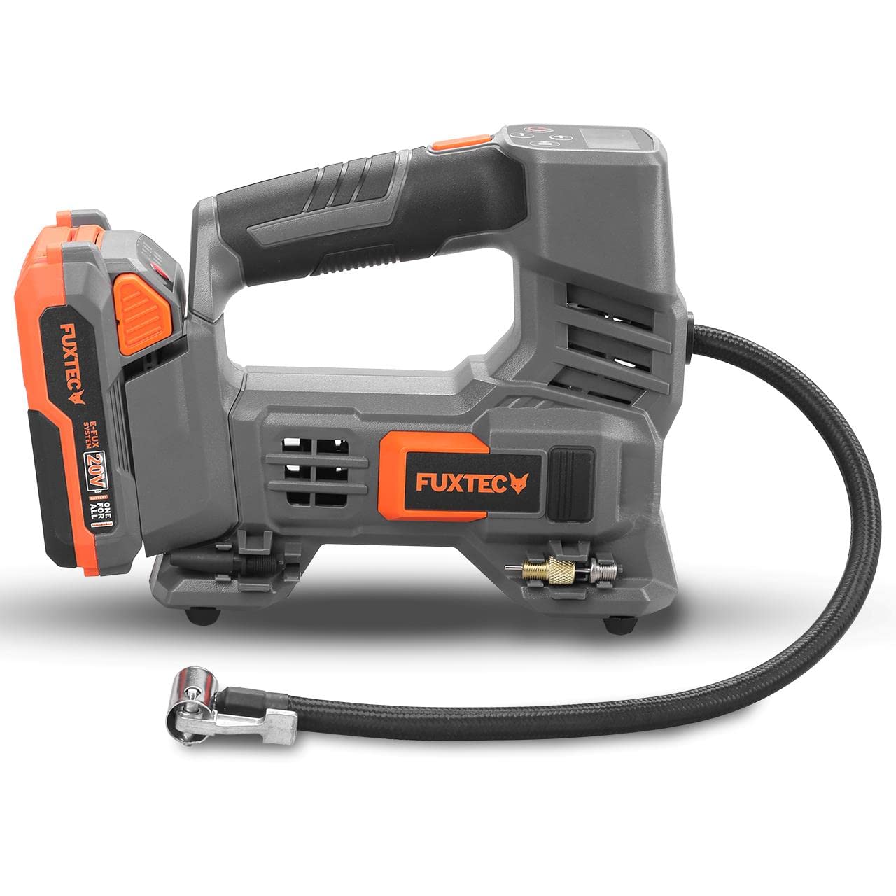 FUXTEC Sprężarka akumulatorowa 20 V – 10,3 bar (150 psi) – pompa powietrza w zestawie adapter do wentyli Presta, akumulator i ładowarka do opon pneumatycznych, materacy i piłek