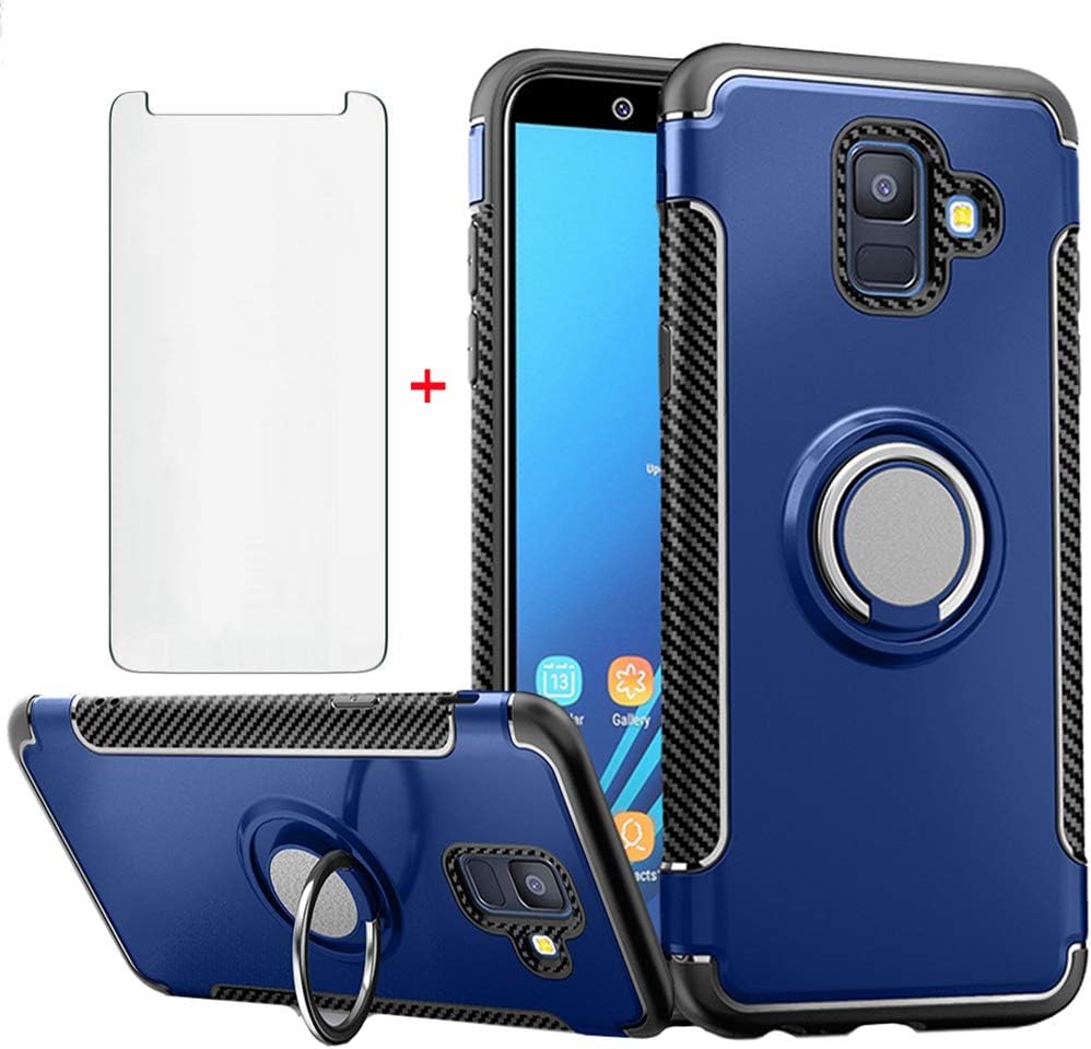 Phone Case for Samsung Galaxy A6 with Tempered Glass Screen Protector Cover and Magnetic Stand Ring Holder Slim Hybrid Hard Cell Accessories Glaxay A 6 2018 6A A600A A600P Cases Men Blue Kickstand