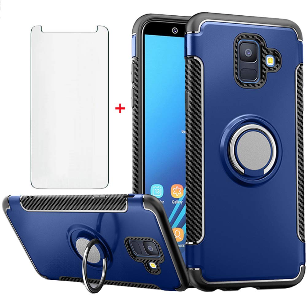 Phone Case for Samsung Galaxy A6 with Tempered Glass Screen Protector Cover and Magnetic Stand Ring Holder Slim Hybrid Hard Cell Accessories Glaxay A 6 2018 6A A600A A600P Cases Men Blue Kickstand