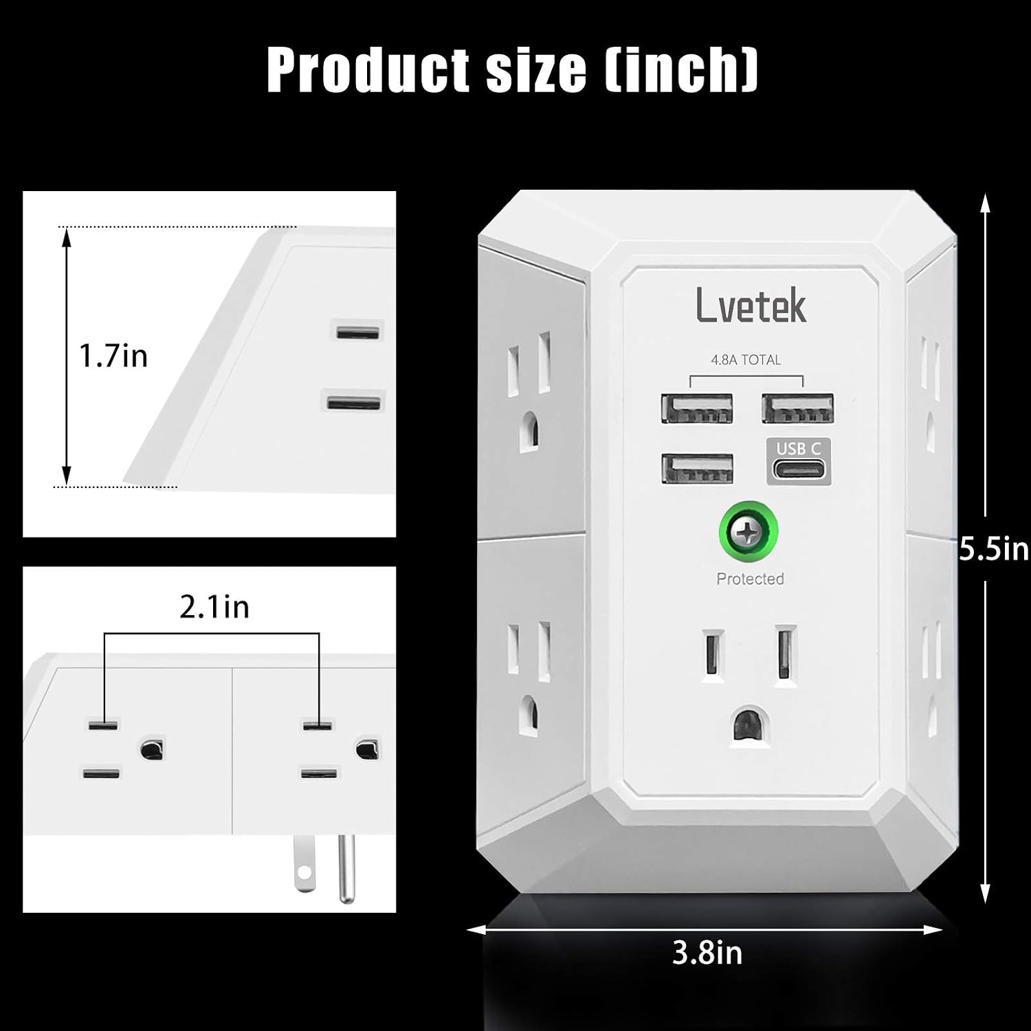 USB Wall Charger，Surge Protector 5 Outlet Extender with 4 USB Charging Ports ( 1 USB C Outlet) 3 Sided 1680J Power Strip Multi Plug Outlets Wall Adapter Spaced for Home Travel Office ETL Listed