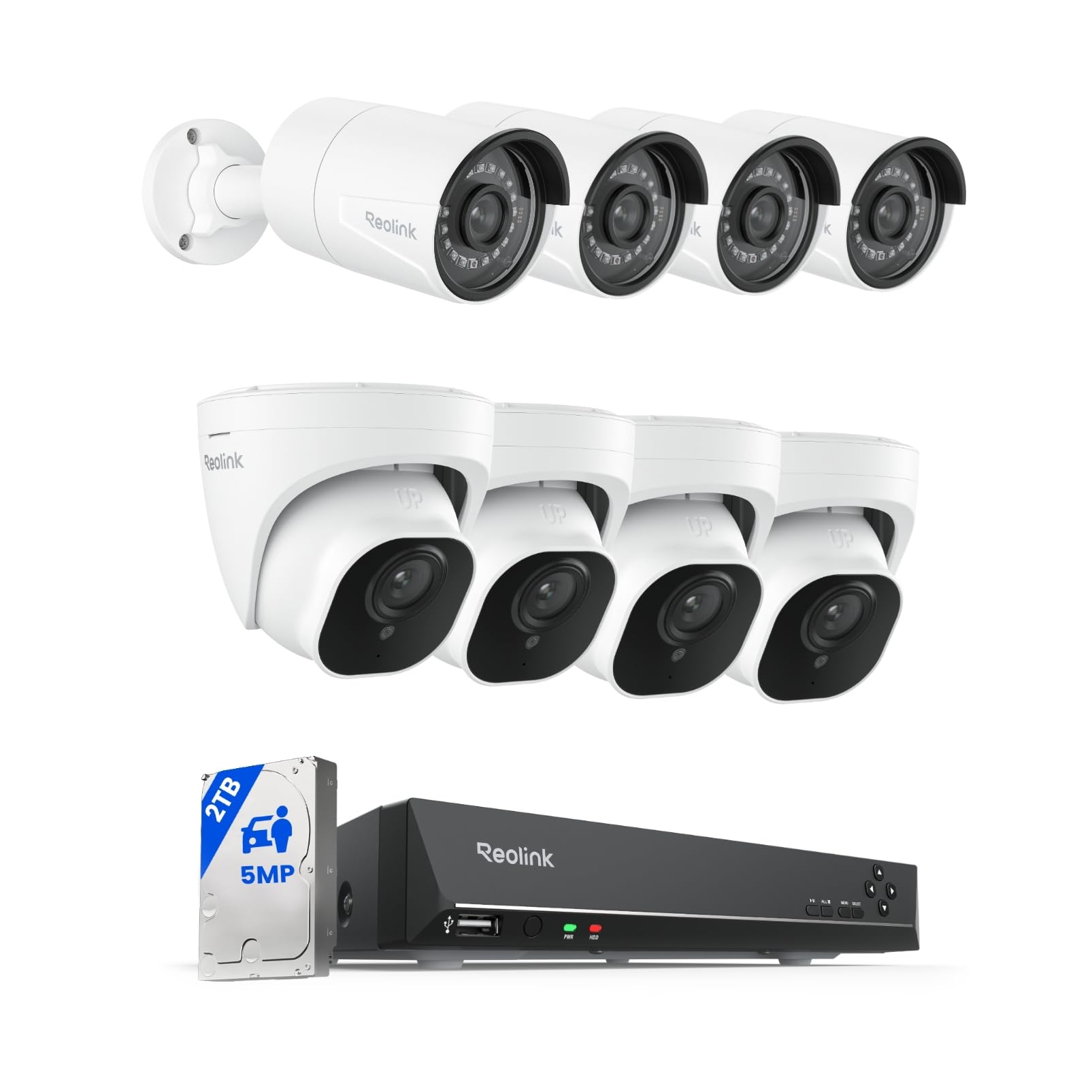 Reolink Kit Videosorveglianza PoE 5MP con NVR 8CH HDD da 2TB e 8 Telecamere IP da Esterno, Rilevamento di Persone/Veicoli/Animali, Visione Notturna IR fino a 30 m, Registrazione Audio, Impermeabile IP