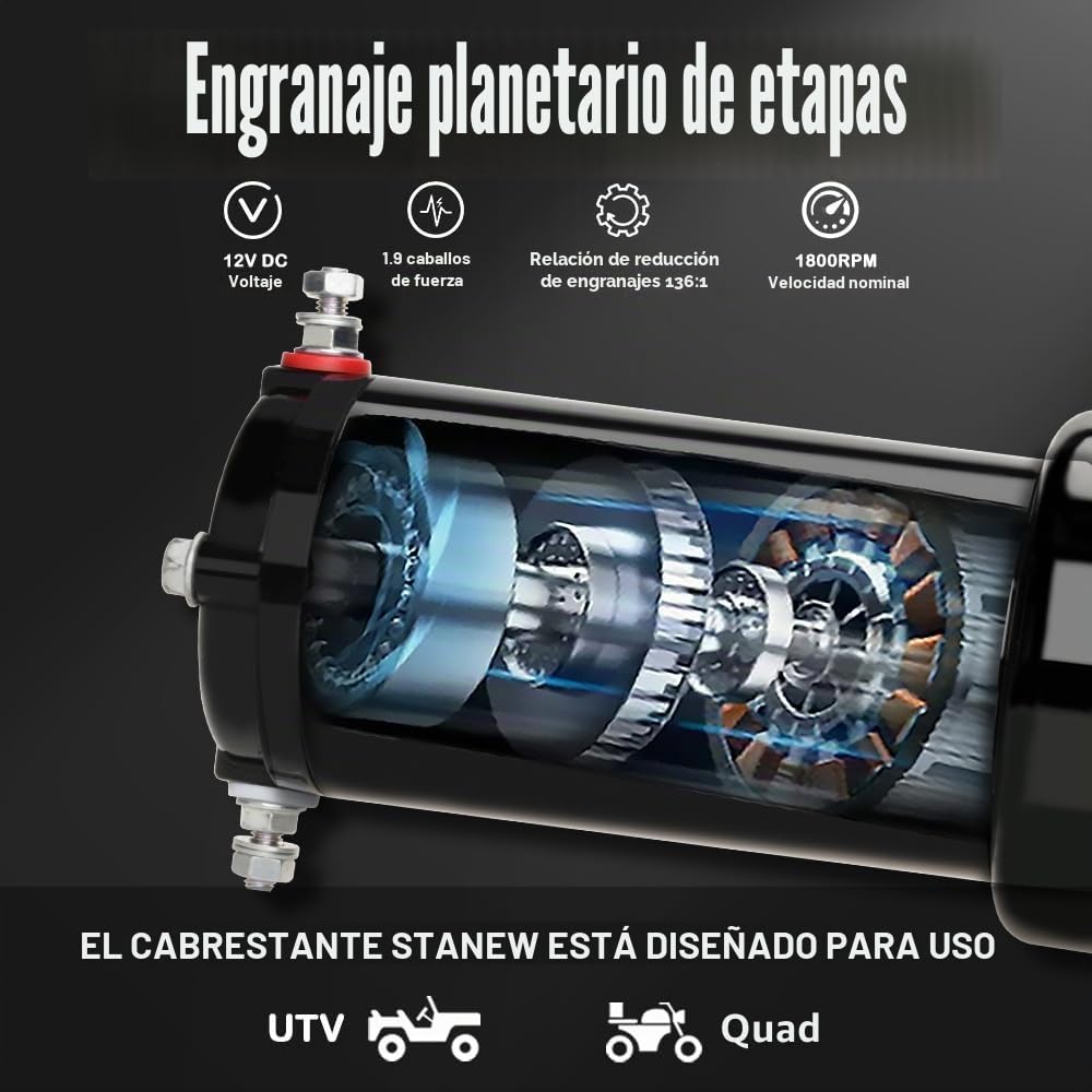 Stanew Cabrestante Eléctrico 12V 4500 LBS/2045 Kg, Winches de Recuperación con ATV UTV, Cabrestante de Cable de Acero de 6mmx10 m, Eléctricos con Control Remoto Inalámbrico