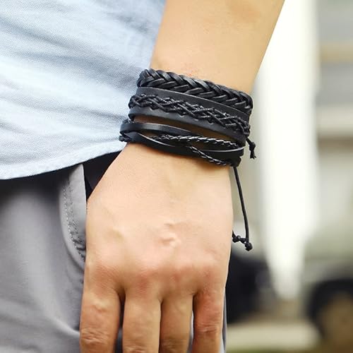6 Pcs/Lot Handmade Ethnic Tribal Genuine Wrap Charming Wood Beads Male Black Braided Leather Bracelets Bangles Birthday Gift (B As Shown) #TOP4