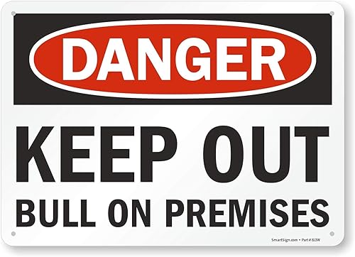 SmartSign -S-8624-Pl-14 Cartel "Danger - Keep Out Bull on Premises"  Plástico de 10 x 14 pulgadas, negrorojo sobre blanco