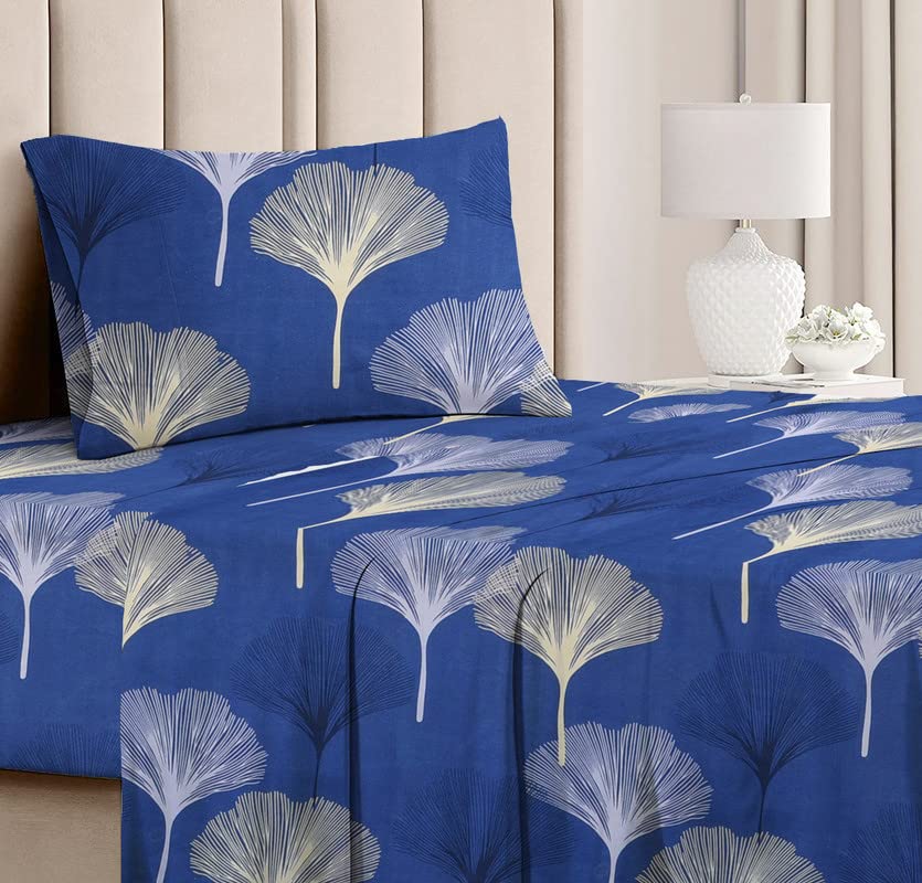BSB HOME Premium Forever Modern Style Glace Cotton Floral Luxurious Beautiful Soft Comfort Designer Floral Pattern 1 Single Size Bed bedsheet and 1 Pillow Cover- Dark Blue & White Flower