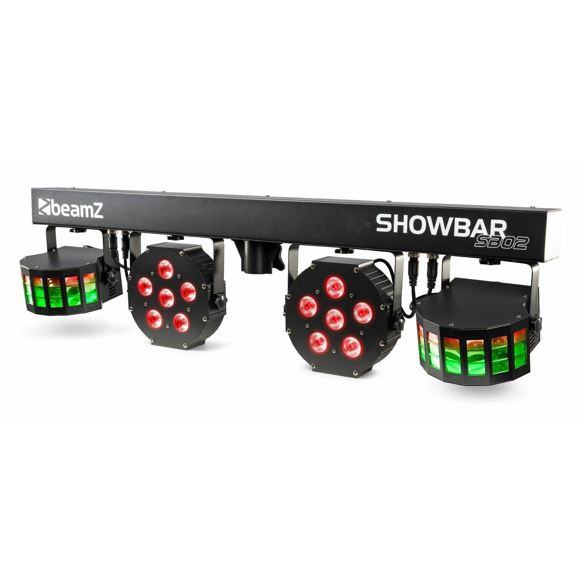 BeamZ SB02 Discolicht Partylicht mit Stativ, Lichtanlage ShowBar mit integriertem Akku, Lichtanlage musikgesteuert, 2 Derby-Lichteffekten, 2 PAR-Kannen, Fernbedienung - Schwarz